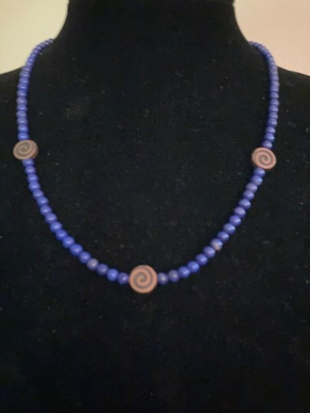 Blue Beaded Necklace with 3 Gold and Black Beads